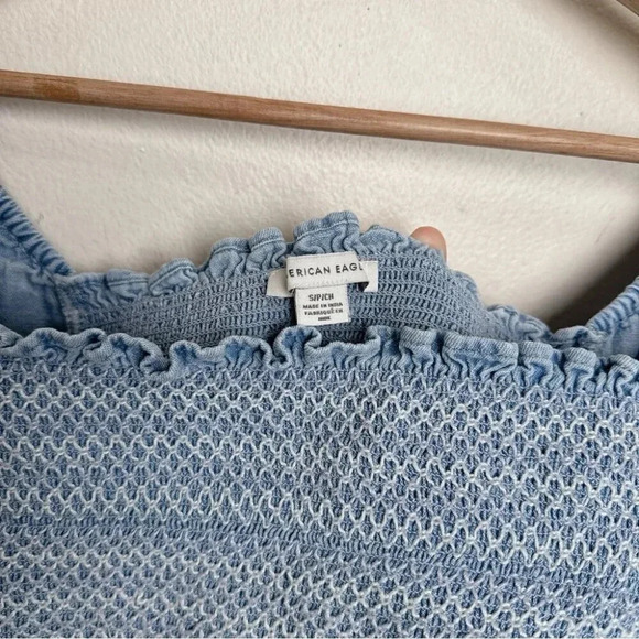 American Eagle Womens Small Smocked Square Neck Babydoll Chambray Top - Picture 10 of 14